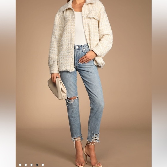 Lulu's Take Notes Ivory Plaid Tweed Shacket Fringe Trim Boucle Size Medium - Picture 4 of 9